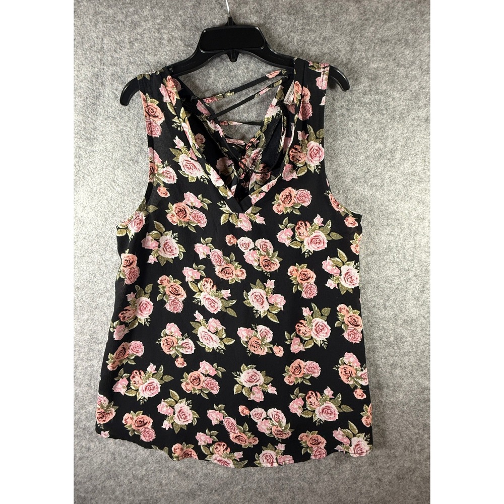Grayson Threads Womens Large Black Floral Tank Top Strappy Back V-Neck Blouse